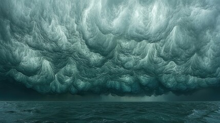 Dramatic storm clouds over dark ocean. Powerful waves. Possible use Stock photo for weather, nature, or science themes
