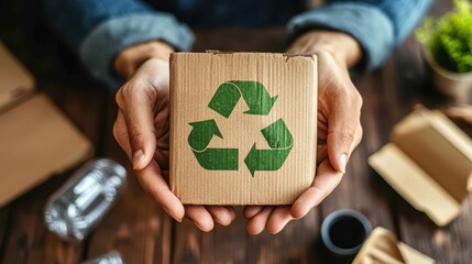 Person holding cardboard box with recycle symbol, promoting ecofriendly practices and sustainable packaging