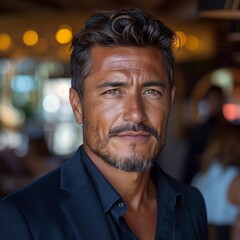 Obraz premium The image is a close-up portrait of a middle-aged man. The photograph is sharply focused on the man's face, with a shallow depth of field creating a blurred background. The lighting appears to be