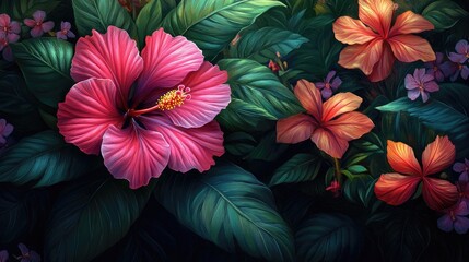 Tropical hibiscus flowers, lush foliage, dark background, vibrant colors, garden print