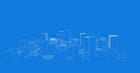 Showcasing modern architecture, geometric buildings against blue background in cityscape