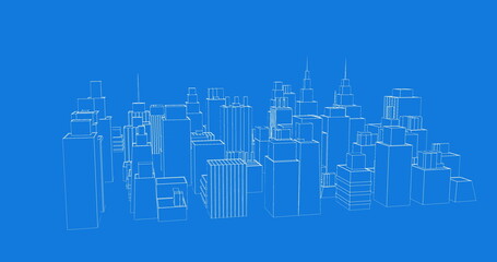 Abstract cityscape illustration showing modern urban skyline with blue background