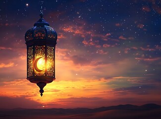 Obraz premium An Islamic Ramadan lantern with a crescent moon design illuminating the night sky, symbolizing thousands of years of celebration and joy, with space for text or a picture. A beautiful desert backgroun