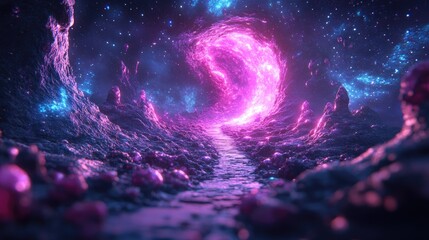 Pink portal through alien landscape in starry night
