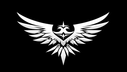 A white stylized bird with spread wings on black background