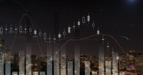 Financial chart with candlestick graph overlaying city skyline at night