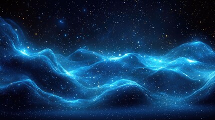 Abstract glowing wavy lines in dark space background. Use for futuristic design, science fiction, or technology presentation
