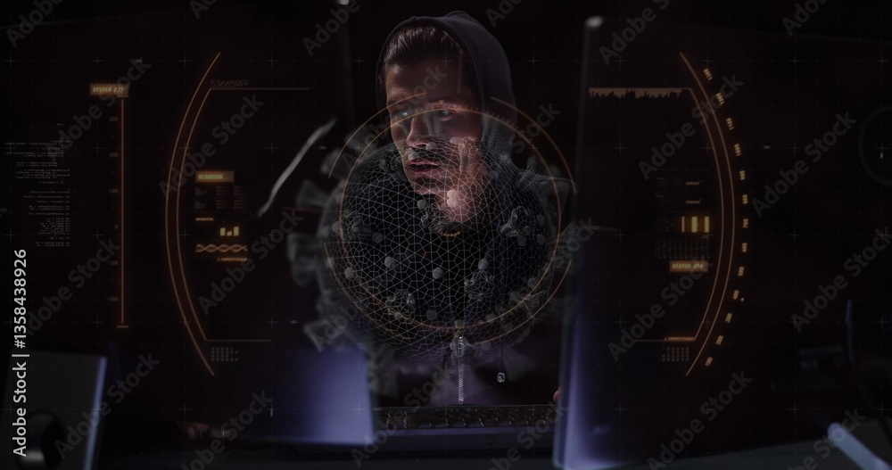 Poster hacker in hoodie analyzing data on multiple screens in dark room