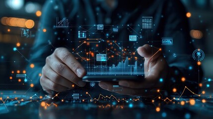 Businessman using smartphone with digital network connections, growth graph, and data icons for customer engagement, digital marketing strategies, banking and online payments 32k Resolution