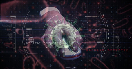 Digital virus concept with cybersecurity elements and malware warnings on screen