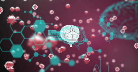Researching, digital brain surrounded by virus particles and scientific symbols