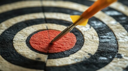 Dart hitting bullseye on dartboard, a symbol of accuracy, precision and achieving goals.