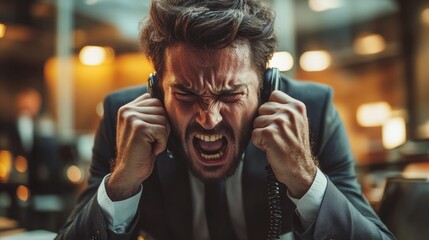 Obraz premium Frustrated businessman screams holding a telephone to his ears
