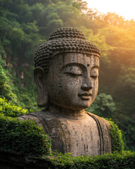 serene and majestic Buddha statue surrounded by lush greenery, illuminated by warm glow of setting sun. intricate details of statue contrast beautifully with vibrant natural landscape