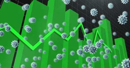 Green bar graph with virus icons illustrating economic impact during pandemic