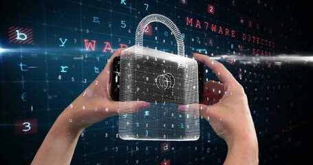 Holding digital lock with binary code, hands emphasizing cybersecurity concept