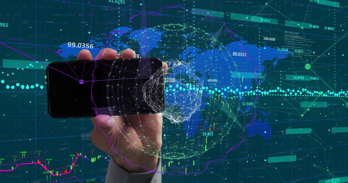 Hand holding smartphone with digital world map and data analytics overlay