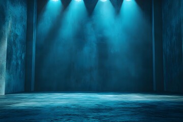 A luxurious blue studio room with spotlights serves as captivating background in this stock photo