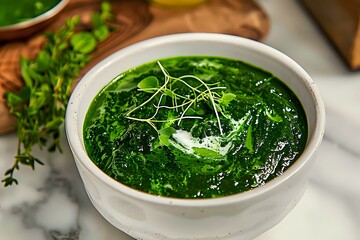 Fresh green herb sauce with olive oil in white ceramic bowl, garnished with microgreens and parsley on marble surface, close up view of homemade pesto.