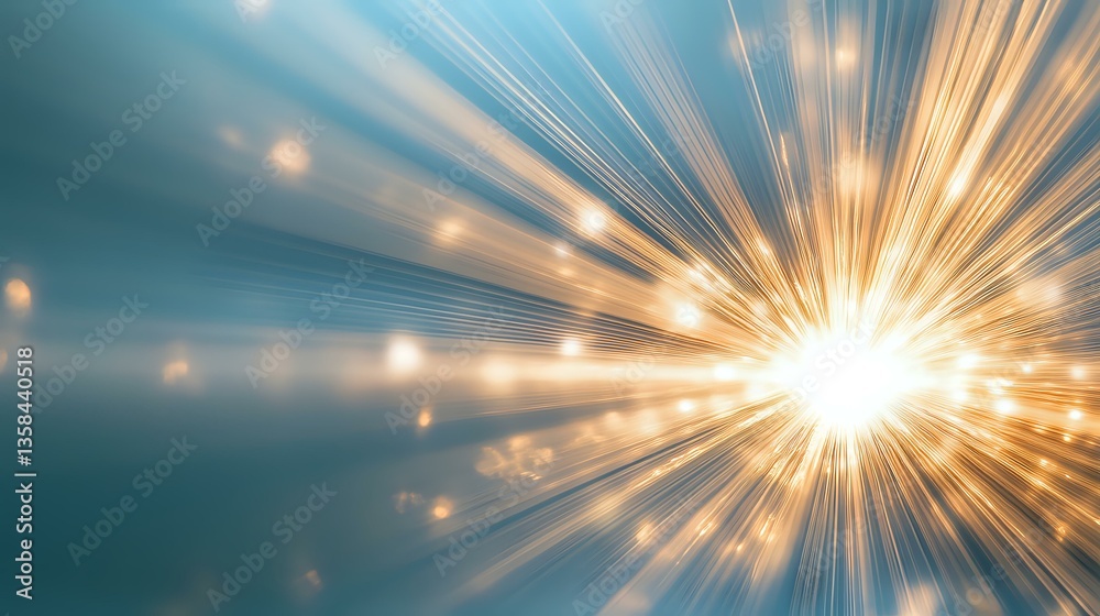 Poster radiant light burst with glowing rays spreading across turquoise background, creating dynamic motion
