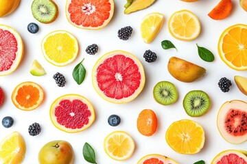 Colorful fruit arrangement on white background