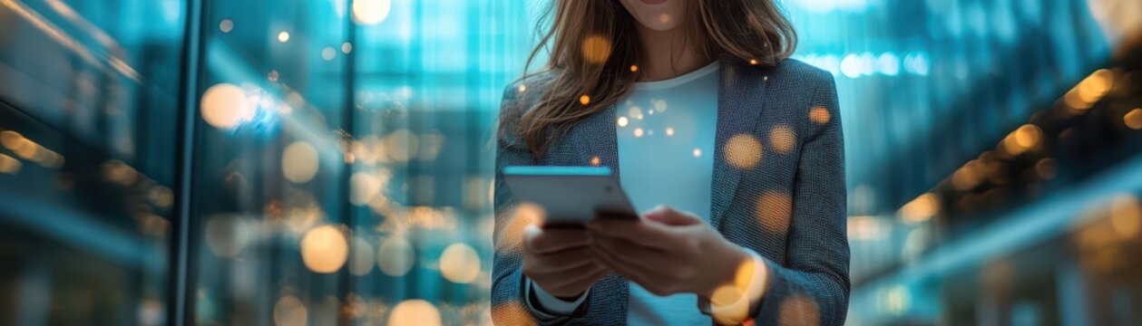 Woman using smartphone in hallway, modern connectivity and communication in everyday life