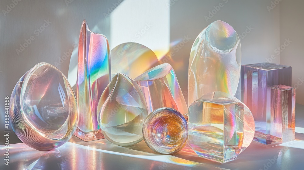 Aufkleber iridescent glass sculptures in various shapes and sizes, illuminated by sunlight, casting colorful r