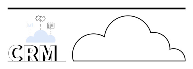CRM text connected to cloud featuring charts and calendar icons, showcasing data management and automation. Ideal for technology, software, business, organization, analytics, process, cloud