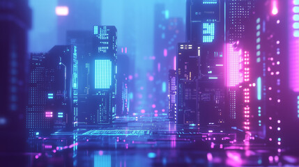 Obraz premium Abstract cyberpunk neon circuit board glowing in blue and purple, symbolizing futuristic technology and digital innovation.