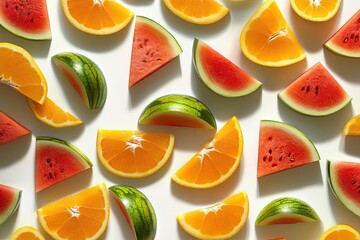 Fresh fruit slices arranged artfully.  Colorful triangular and circular fruit segments on a white background