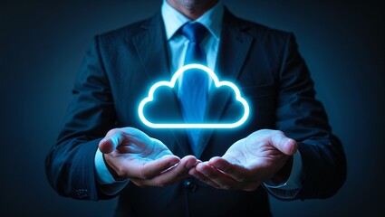 Close up of businessman hand holding abstract glowing cloud hologram with globe and safety icons, polygonal mesh