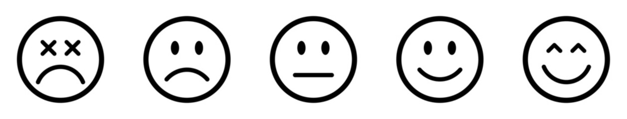 Rating emoji set. Feedback emoticons collection. Feedback and rating emoji set black with white background. Very happy, happy, neutral, sad and very sad emojis icon set. Emoji, feedback, rating emoji.