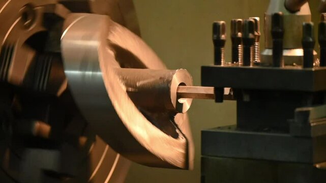 Slow motion scene the hole boring process on lathe machine with the cast iron parts.