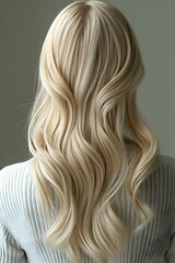 Naklejka premium Back view of long wavy platinum blonde hair on woman wearing white knit sweater against neutral background, showcasing modern hairstyling and natural-looking highlights.
