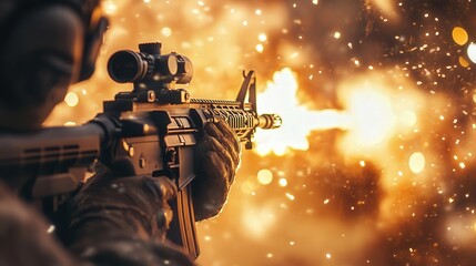 rifle mid-burst, with muzzle flash and dynamic lighting effects in a combat scenario
