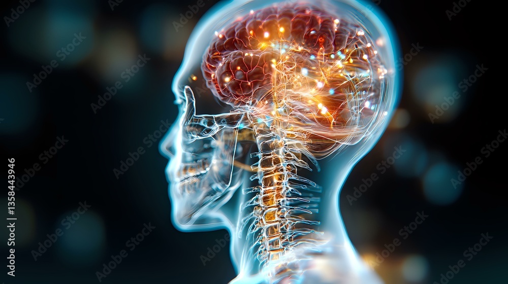 Poster glowing human brain and nervous system visualization showing neural activity and spine connection in