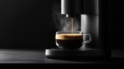 coffee extractor brewing a shot of espresso, the dark coffee flowing smoothly into a cup with a perfect crema on top, steam rising in the air.