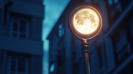 metal streetlight pole with the glowing moon positioned as its radiant bulb.