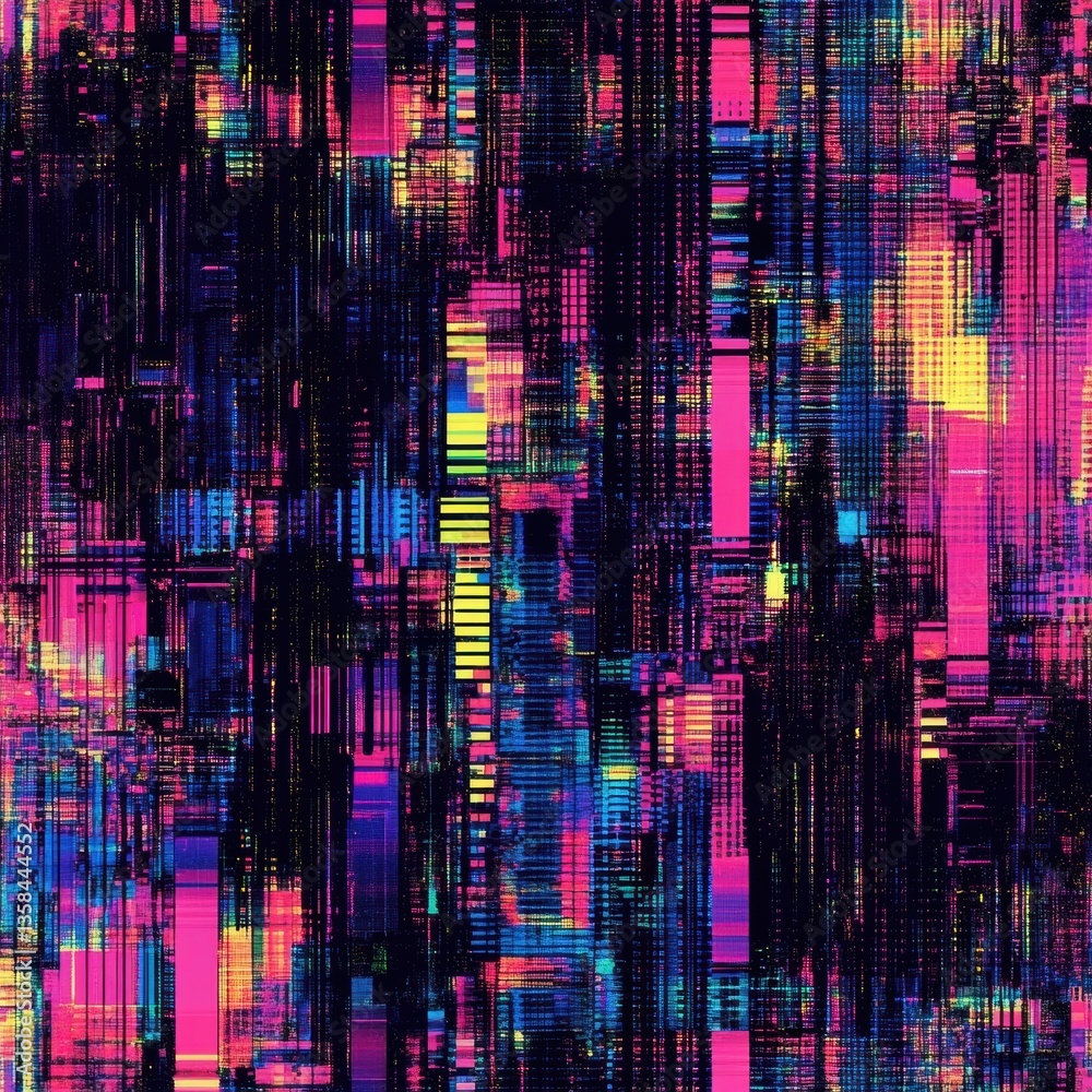 Poster Seamless glitch pattern showcasing pixelated distortions and vibrant RGB color shifts in a cyberpunk retro-futuristic design Generative AI