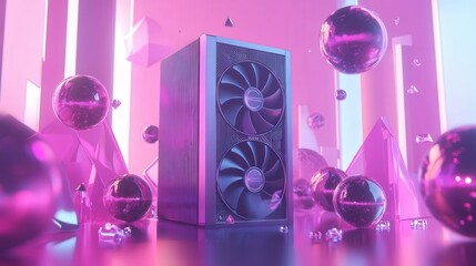 graphics card surrounded by floating geometric shapes in a tech-themed aesthetic.