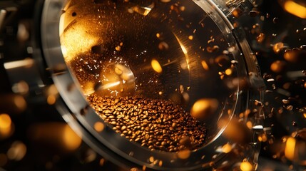 coffee roaster in action, with freshly roasted coffee beans tumbling inside the drum, releasing a rich aroma and deep brown color.