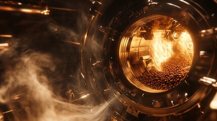 coffee roaster, showing beans roasting inside the drum, with smoke swirling and the roaster mechanisms highlighted in high detail