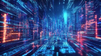 Obraz premium Futuristic Urban Cityscape with Vibrant Neon Lights and Technology