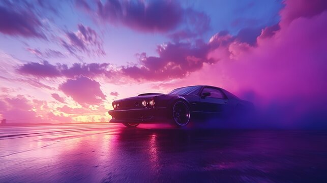 car mid-drift under a twilight sky, its vibrant paint reflecting the fading sunlight.