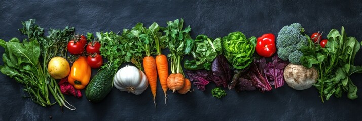 Premium organic vegetables arranged beautifully on a dark slate background for an elegant farm-to-table presentation Generative AI