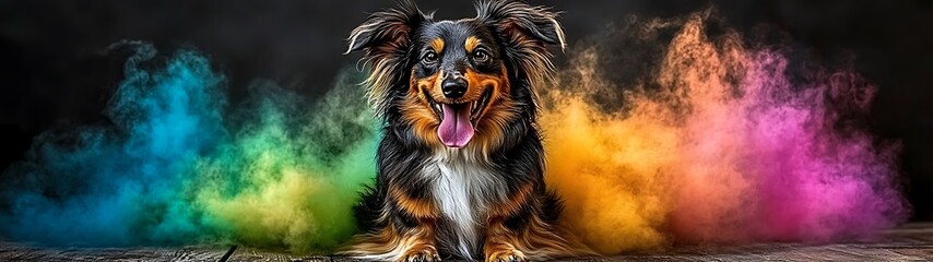 Fototapeta premium A happy dog sits amidst vibrant clouds of colored powder