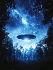 A glowing unidentified flying object hovers above a dark forest