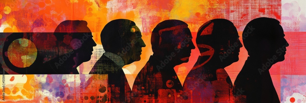 Poster modern artistic collage of world leaders with abstract patterns and deep colors reflecting political