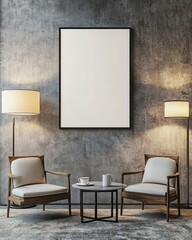 Empty frame mockup in a modern living room with armchairs and lamps.
