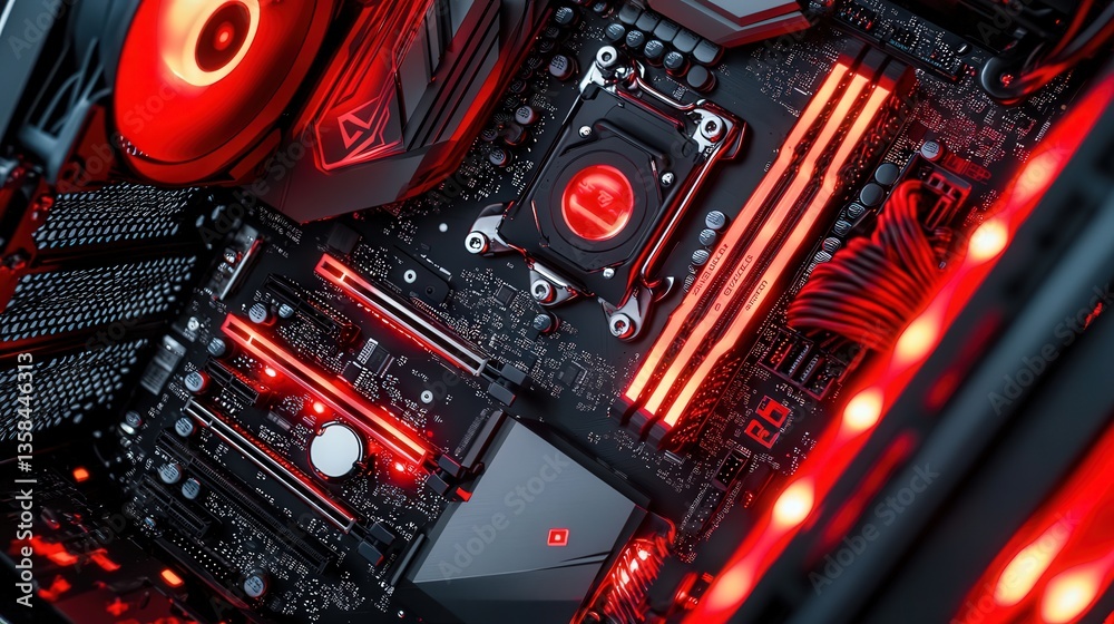 Poster cpu chip surrounded by other high-performance components in a custom-built pc
